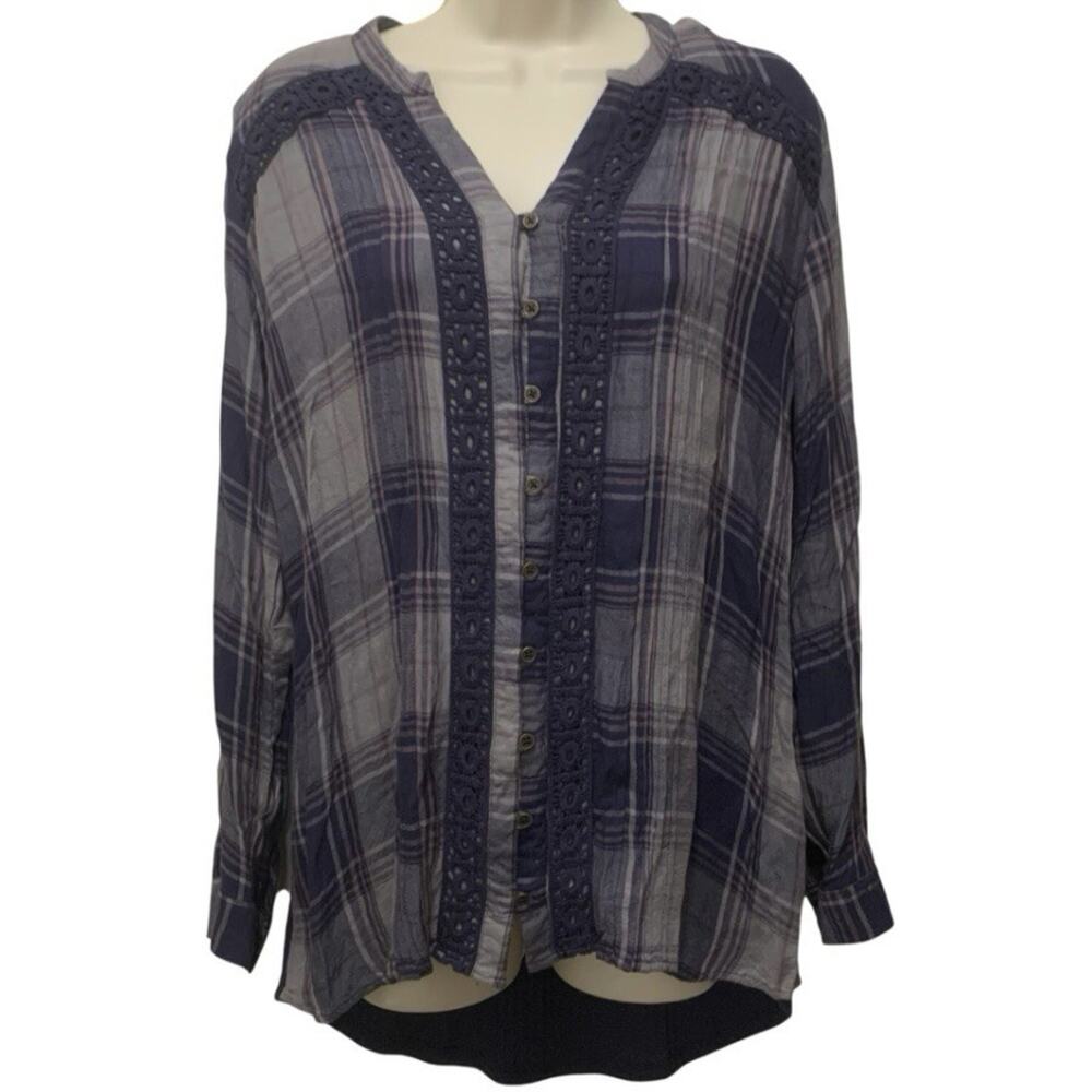 Knox Rose Plaid Flannel Top Blue Mauve Waffle Knit Back Crochet Boho Medium
